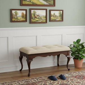 HomeRoots Classic Cherry Brown Finish Bench – Elegant Solid Wood, Button-Tufted Cream Seat for Any Space 389169