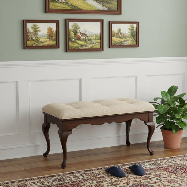 HomeRoots Classic Cherry Brown Finish Bench – Elegant Solid Wood, Button-Tufted Cream Seat for Any Space 389169