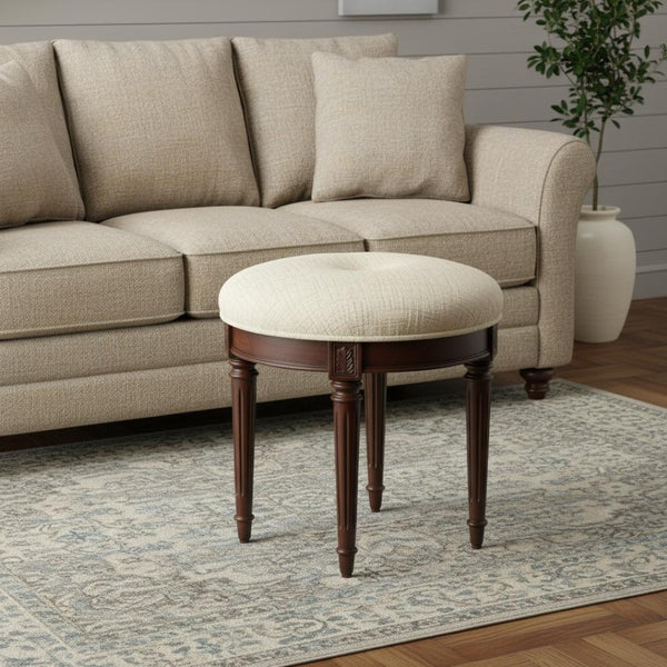 HomeRoots 18" Off White Linen Ottoman with Dark Brown Legs - Versatile Footrest & Extra Seating for All Spaces 389171