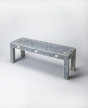 Homeroots Blue And Ivory Bone Inlay Bench  Solid Wood 389177