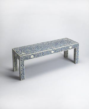 Homeroots Blue And Ivory Bone Inlay Bench  Solid Wood 389177