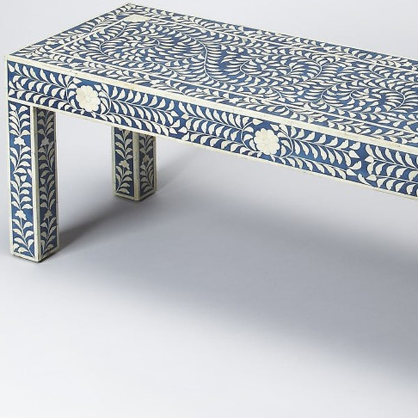 Homeroots Blue And Ivory Bone Inlay Bench  Solid Wood 389177