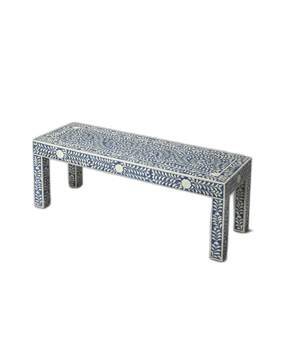 Homeroots Blue And Ivory Bone Inlay Bench  Solid Wood 389177