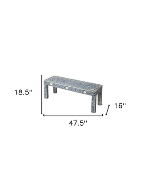 Homeroots Blue And Ivory Bone Inlay Bench  Solid Wood 389177
