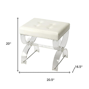 HomeRoots 21" White Faux Leather Tufted Ottoman with Clear Acrylic Base – Stylish Seating & Versatile Accent Piece 389183