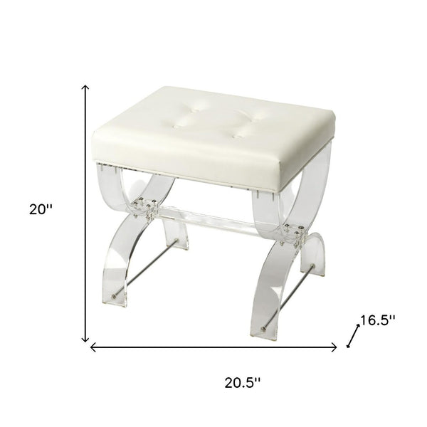 HomeRoots 21" White Faux Leather Tufted Ottoman with Clear Acrylic Base – Stylish Seating & Versatile Accent Piece 389183