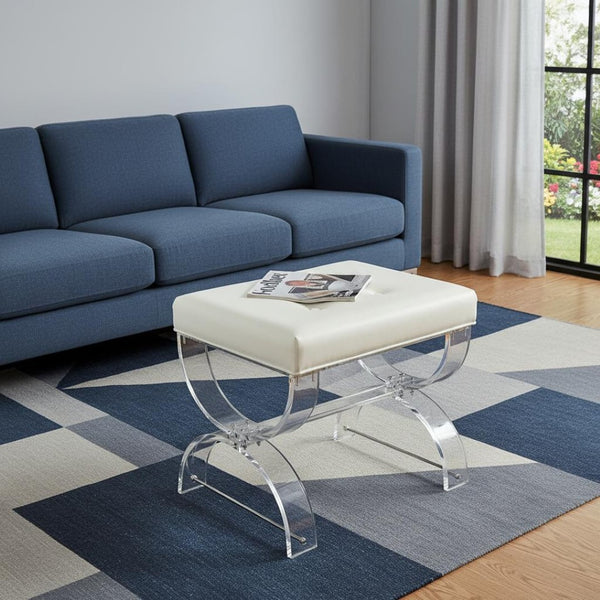 HomeRoots 21" White Faux Leather Tufted Ottoman with Clear Acrylic Base – Stylish Seating & Versatile Accent Piece 389183