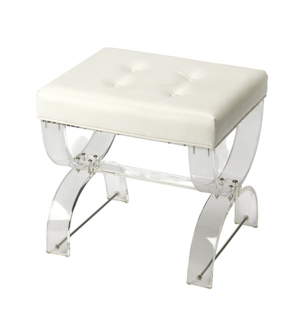 HomeRoots 21" White Faux Leather Tufted Ottoman with Clear Acrylic Base – Stylish Seating & Versatile Accent Piece 389183