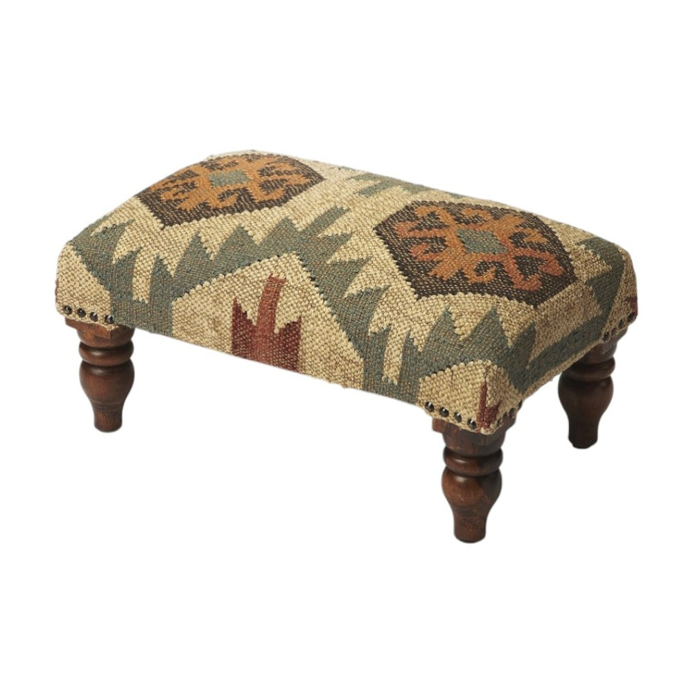 HomeRoots 20" Southwestern Jute and Wool Footstool – Rustic Beige & Green Ottoman for Farmhouse Décor 389192