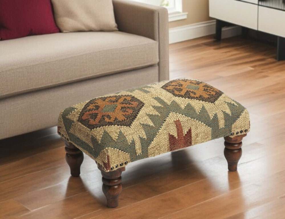 HomeRoots 20" Southwestern Jute and Wool Footstool – Rustic Beige & Green Ottoman for Farmhouse Décor 389192
