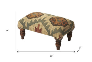 HomeRoots 20" Southwestern Jute and Wool Footstool – Rustic Beige & Green Ottoman for Farmhouse Décor 389192