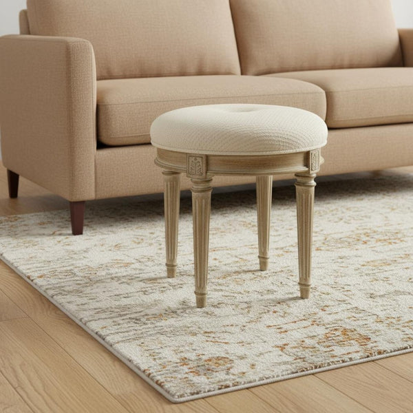 HomeRoots 18" Ivory Polyester Blend Ottoman with Rustic Brown Wooden Base – Versatile Accent for Any Space 389196