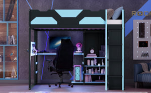 English Elm Full Size Loft Bed with Rgb Lighting Usb Charging Desk Wardrobe and Storage Shelves Blue LT000387AAC