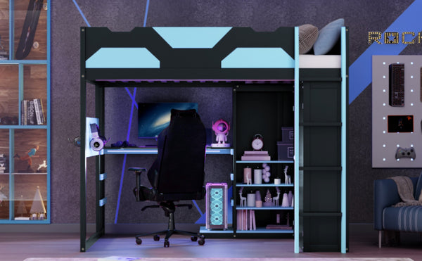 English Elm Full Size Loft Bed with Rgb Lighting Usb Charging Desk Wardrobe and Storage Shelves Blue LT000387AAC