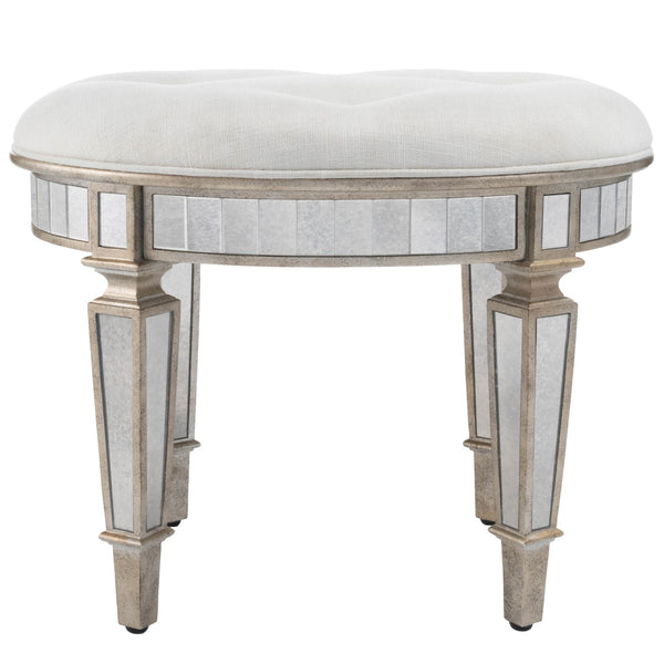 Homeroots 24" Cream Linen And Silver Metallic Round Ottoman   389199