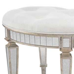 Homeroots 24" Cream Linen And Silver Metallic Round Ottoman   389199