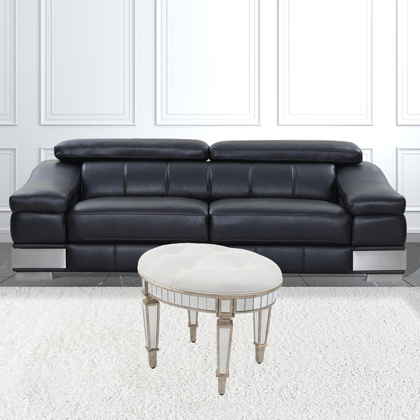 Homeroots 24" Cream Linen And Silver Metallic Round Ottoman   389199