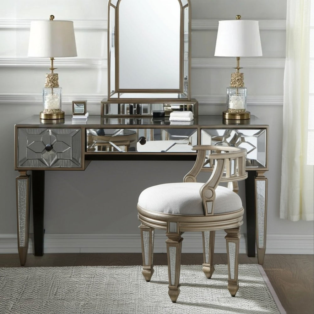 HomeRoots 21" Cream Linen Round Ottoman with Silver Metallic Legs - Elegant Accent for Living Spaces & Bedrooms 389201