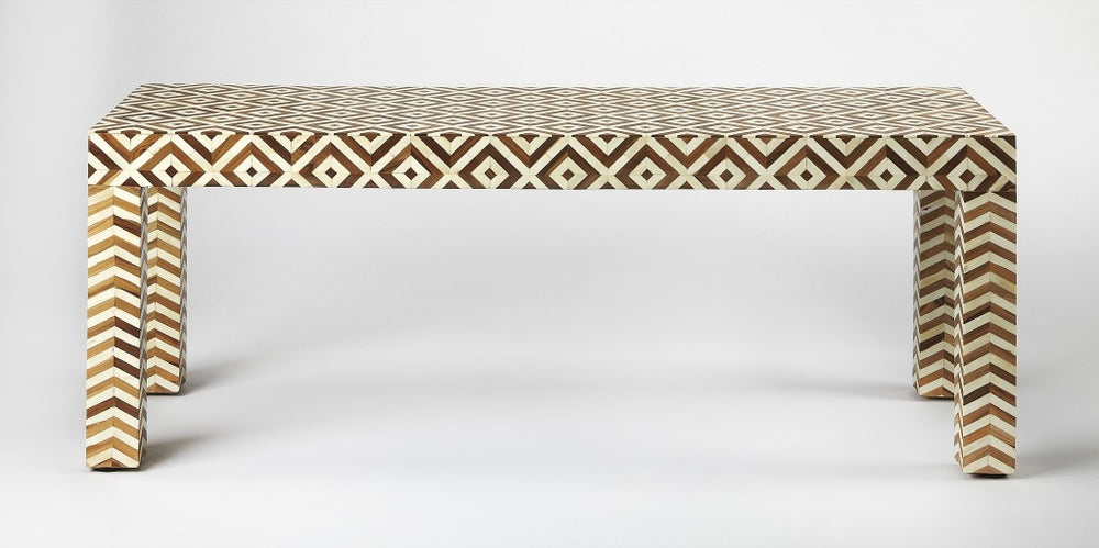 Homeroots Geo And Chevron Teak And Bone Inlay Bench  Solid Wood 389209