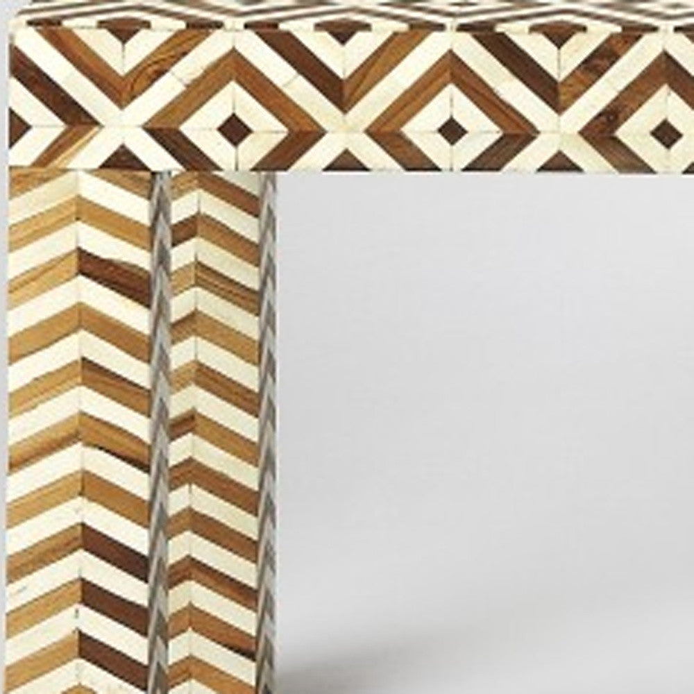 Homeroots Geo And Chevron Teak And Bone Inlay Bench  Solid Wood 389209