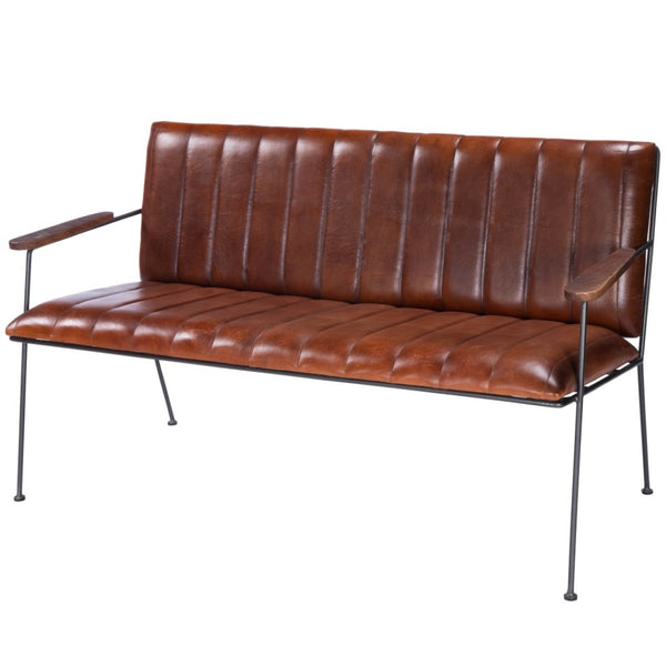 HomeRoots 53" Upholstered Distressed Faux Leather Bench with Black Metal Frame for Vintage Living Spaces 389216