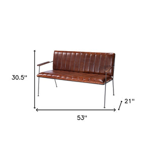 HomeRoots 53" Upholstered Distressed Faux Leather Bench with Black Metal Frame for Vintage Living Spaces 389216