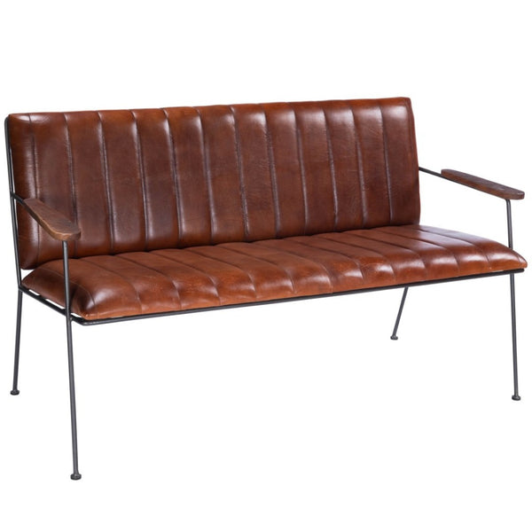 HomeRoots 53" Upholstered Distressed Faux Leather Bench with Black Metal Frame for Vintage Living Spaces 389216
