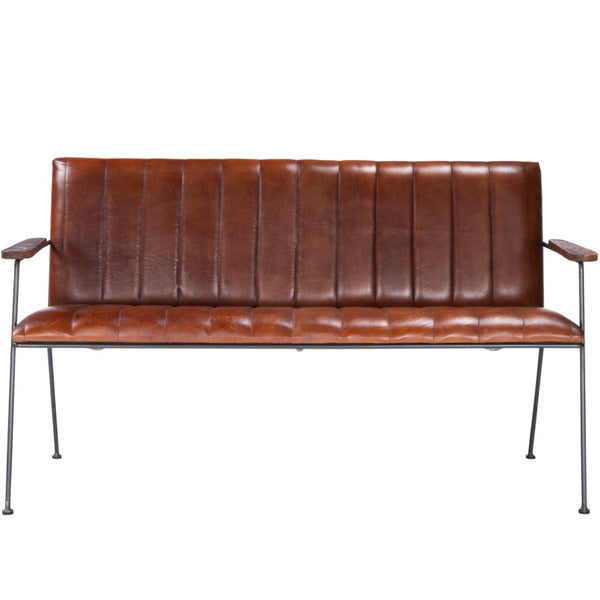HomeRoots 53" Upholstered Distressed Faux Leather Bench with Black Metal Frame for Vintage Living Spaces 389216
