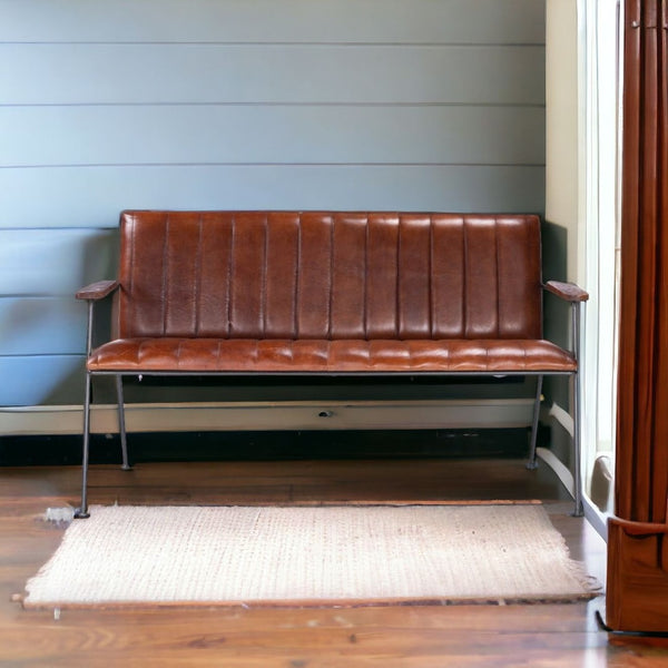 HomeRoots 53" Upholstered Distressed Faux Leather Bench with Black Metal Frame for Vintage Living Spaces 389216