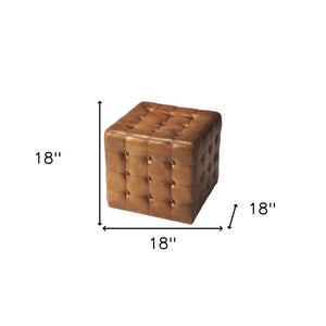 Homeroots 18" Brown Tufted Leather Vintage Style Cube Ottoman   389217