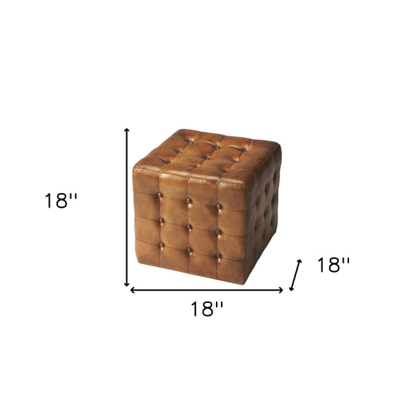Homeroots 18" Brown Tufted Leather Vintage Style Cube Ottoman   389217