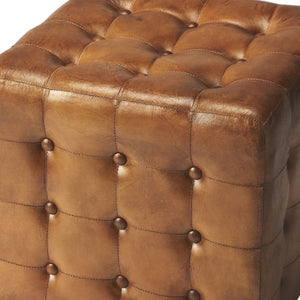 Homeroots 18" Brown Tufted Leather Vintage Style Cube Ottoman   389217