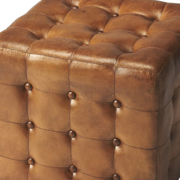 Homeroots 18" Brown Tufted Leather Vintage Style Cube Ottoman   389217