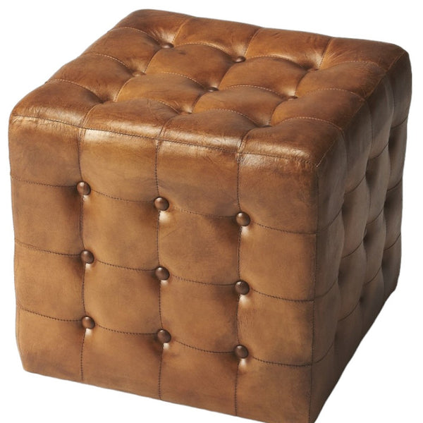 Homeroots 18" Brown Tufted Leather Vintage Style Cube Ottoman   389217