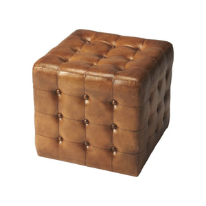 Homeroots 18" Brown Tufted Leather Vintage Style Cube Ottoman   389217