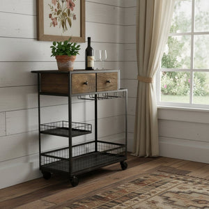 HomeRoots Rolling Rustic Bar Cart with Natural Wood Top, Black Iron Frame, Drawers & Bottle Holders for Easy Serving 389227