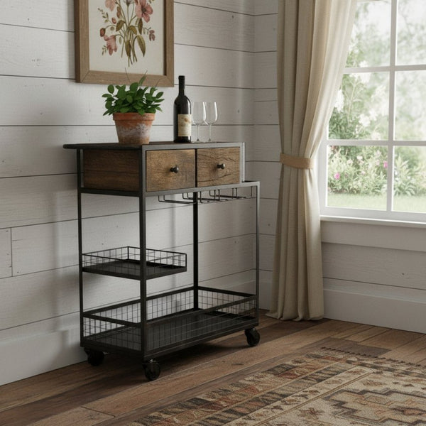 HomeRoots Rolling Rustic Bar Cart with Natural Wood Top, Black Iron Frame, Drawers & Bottle Holders for Easy Serving 389227