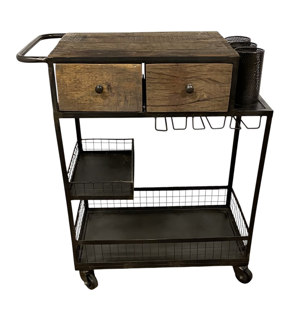HomeRoots Rolling Rustic Bar Cart with Natural Wood Top, Black Iron Frame, Drawers & Bottle Holders for Easy Serving 389227