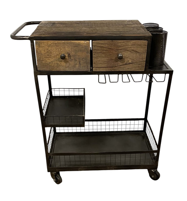 HomeRoots Rolling Rustic Bar Cart with Natural Wood Top, Black Iron Frame, Drawers & Bottle Holders for Easy Serving 389227