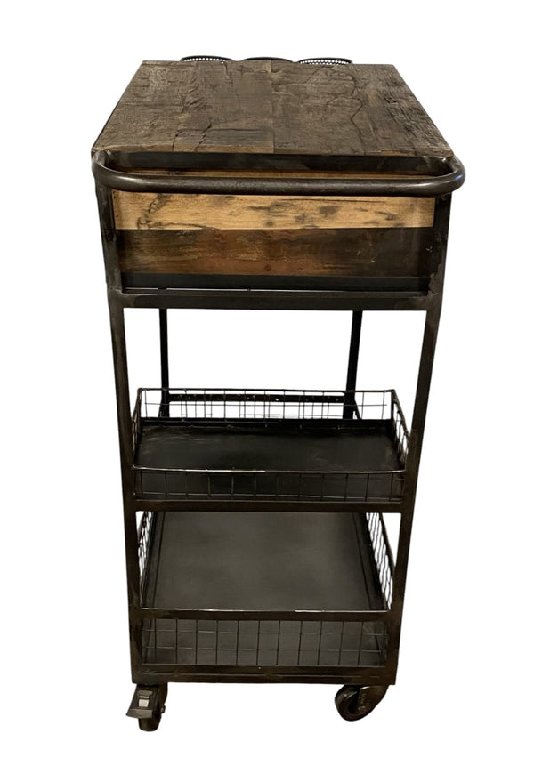 HomeRoots Rolling Rustic Bar Cart with Natural Wood Top, Black Iron Frame, Drawers & Bottle Holders for Easy Serving 389227