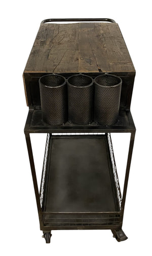 HomeRoots Rolling Rustic Bar Cart with Natural Wood Top, Black Iron Frame, Drawers & Bottle Holders for Easy Serving 389227