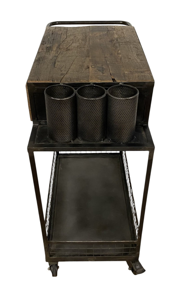 HomeRoots Rolling Rustic Bar Cart with Natural Wood Top, Black Iron Frame, Drawers & Bottle Holders for Easy Serving 389227