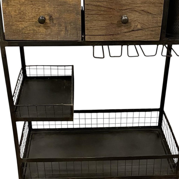HomeRoots Rolling Rustic Bar Cart with Natural Wood Top, Black Iron Frame, Drawers & Bottle Holders for Easy Serving 389227
