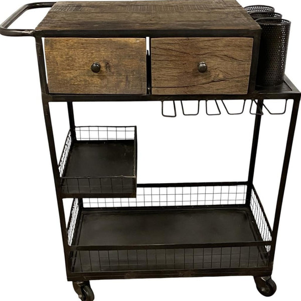 HomeRoots Rolling Rustic Bar Cart with Natural Wood Top, Black Iron Frame, Drawers & Bottle Holders for Easy Serving 389227