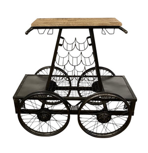 HomeRoots Rustic Black Rail Car Bar Cart - Industrial Vintage Charm with Mango Wood Top & Sturdy Metal Base 389228