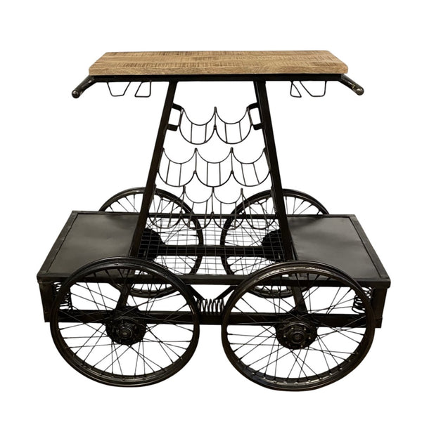 HomeRoots Rustic Black Rail Car Bar Cart - Industrial Vintage Charm with Mango Wood Top & Sturdy Metal Base 389228