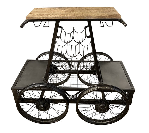 HomeRoots Rustic Black Rail Car Bar Cart - Industrial Vintage Charm with Mango Wood Top & Sturdy Metal Base 389228