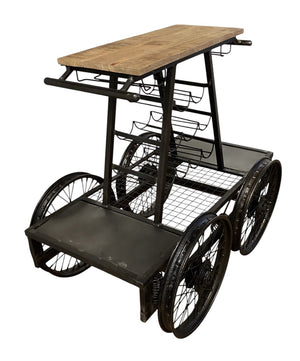 HomeRoots Rustic Black Rail Car Bar Cart - Industrial Vintage Charm with Mango Wood Top & Sturdy Metal Base 389228