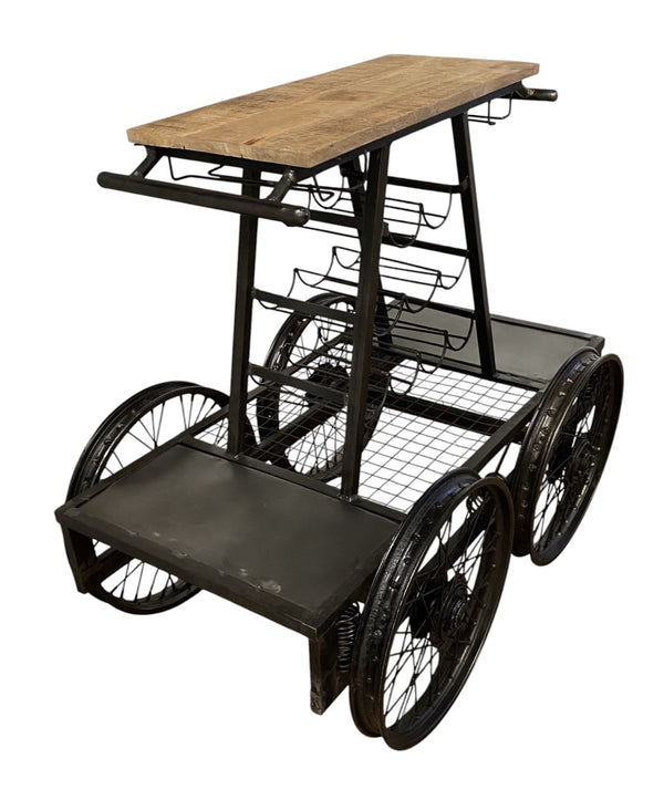 HomeRoots Rustic Black Rail Car Bar Cart - Industrial Vintage Charm with Mango Wood Top & Sturdy Metal Base 389228