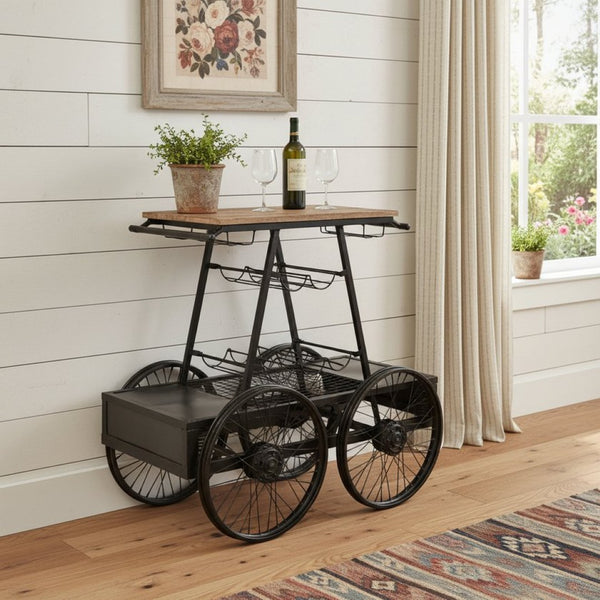 HomeRoots Rustic Black Rail Car Bar Cart - Industrial Vintage Charm with Mango Wood Top & Sturdy Metal Base 389228